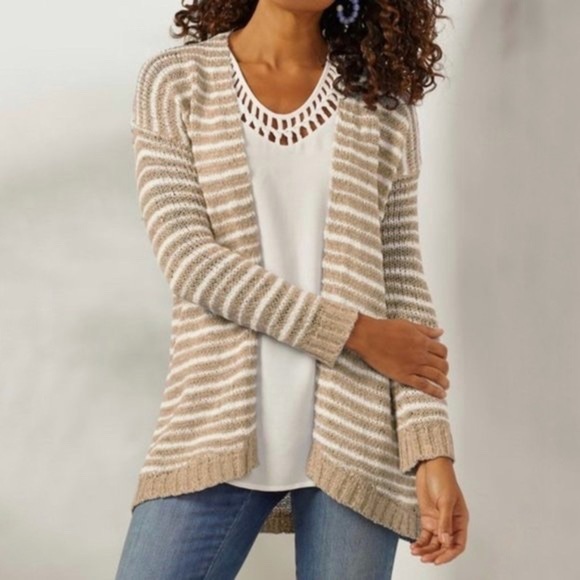 Soft Surroundings neutral stripe cardigan sweater petite small tan white open - Picture 1 of 10